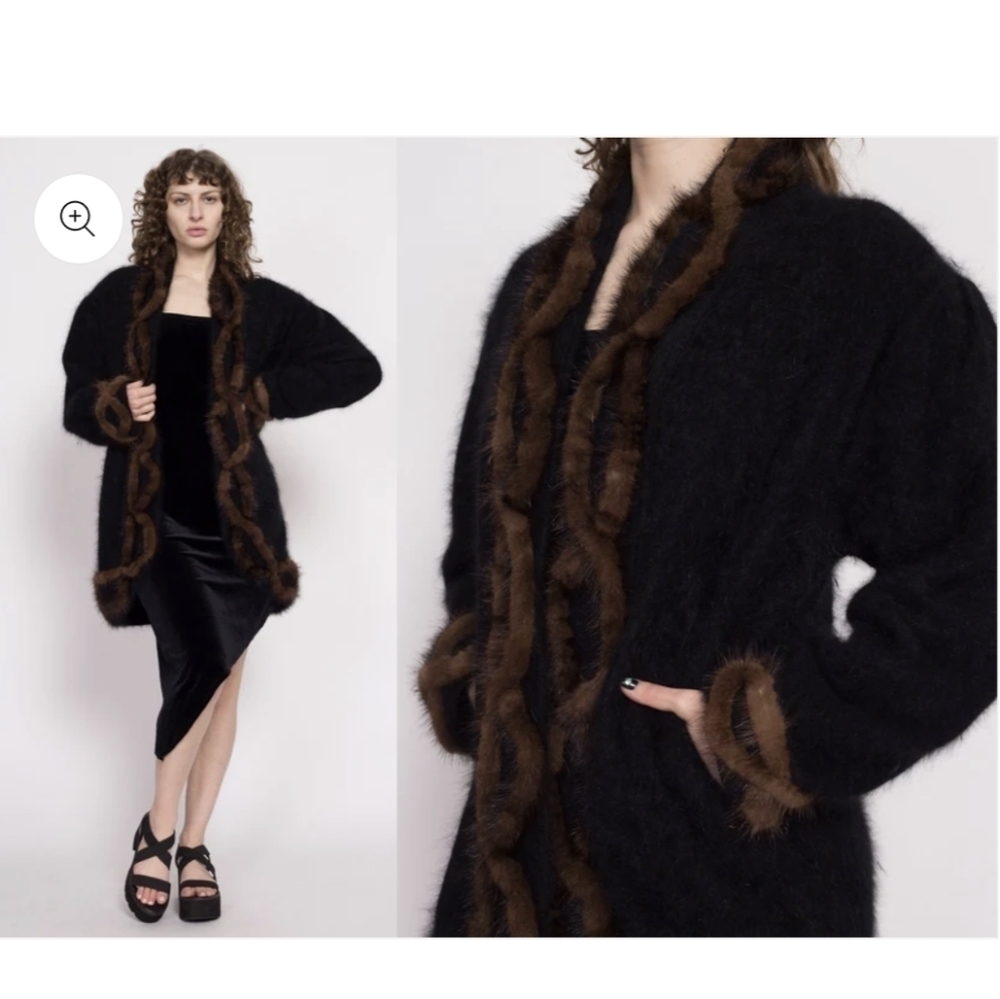 CACHE angora vintage 80s black jacket with brown trim one size